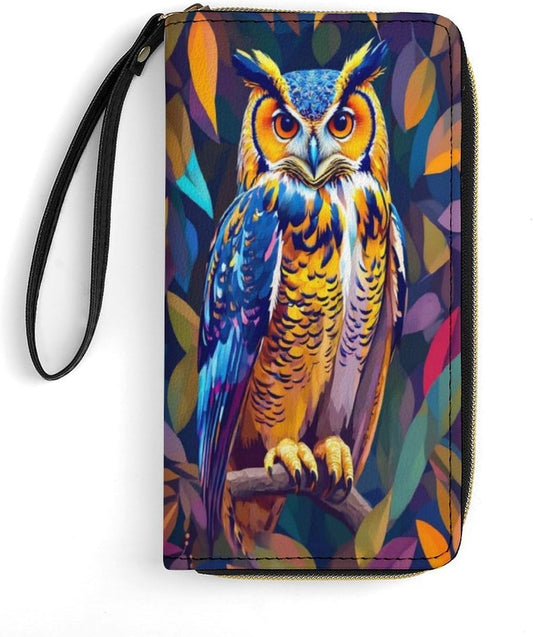 HOTColorful Owl Women's Wallet Wristlet Zipper Purse with Hand Strap Travel Credit Card Holder for Daily Use Gifts