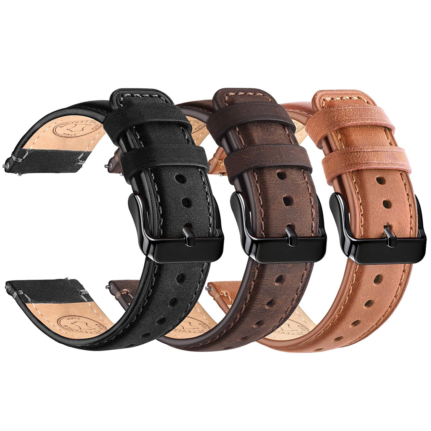 HOTWristitani 3 Pack Leather Watch Strap, 19mm 20mm 21mm 22mm 24mm Top Genuine Leather Watch bands for Men, Quick Release Vintage Wristband