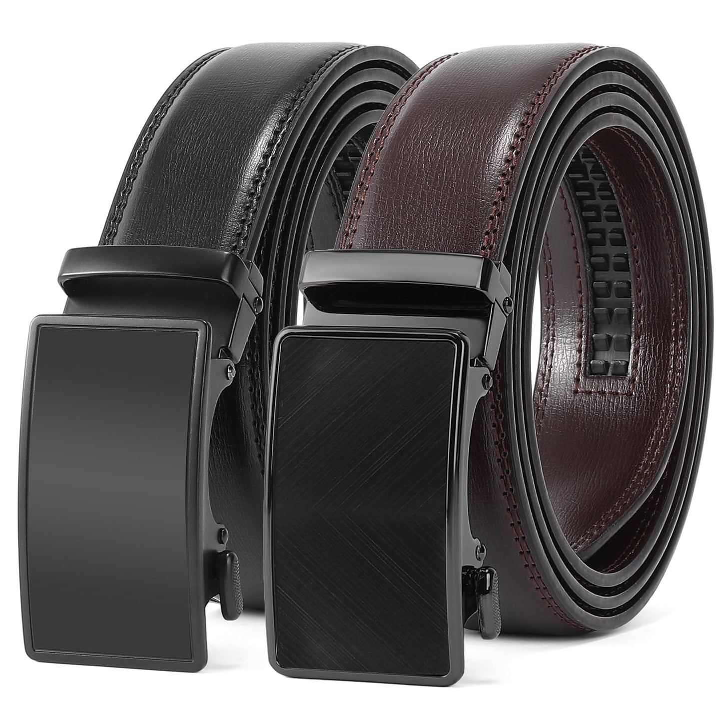 HOTSENDEFN 2 Pack Ratchet Belt Men, Men Leather Belts in Gift Set Box for Dress Casual, Size Adjustable Trim to Fit