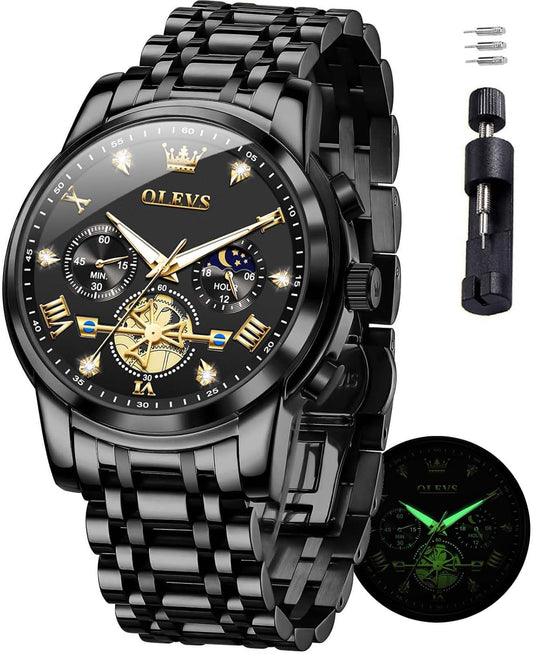 HOTOLEVS Mens Watches Chronograph Watch Luxury Dress Stainless Steel Waterproof Watches for Men Moon Phase Luminous Business Calendar Wrist Watch Blue/Black/Green/Gold/Face