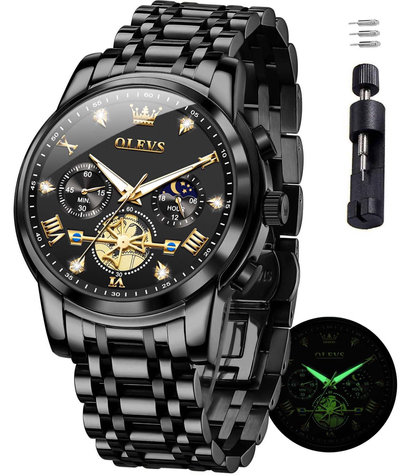 HOTOLEVS Mens Watches Chronograph Watch Luxury Dress Stainless Steel Waterproof Watches for Men Moon Phase Luminous Business Calendar Wrist Watch Blue/Black/Green/Gold/Face