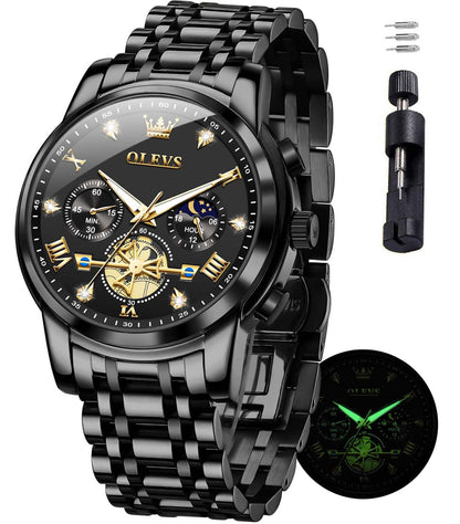 HOTOLEVS Mens Watches Chronograph Watch Luxury Dress Stainless Steel Waterproof Watches for Men Moon Phase Luminous Business Calendar Wrist Watch Blue/Black/Green/Gold/Face