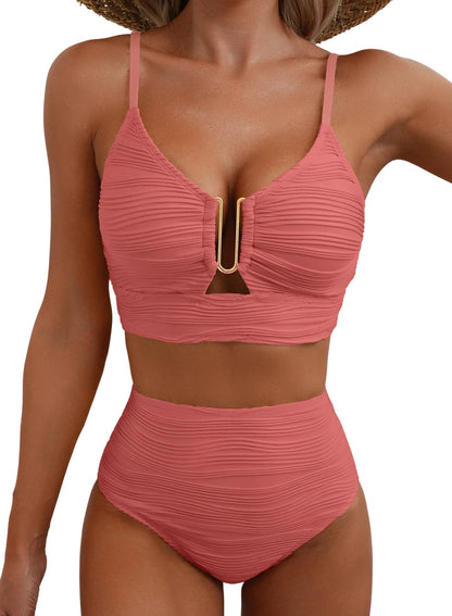 HOTHerseas 2 Piece Bikini Set U-Wire Cutout Popular Swimsuit High Waisted Textured 2026 Summer Beach Swim Bathing Suits