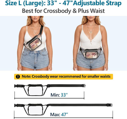 HOTVeckle Clear Fanny Pack Stadium Approved - Waist Belt Bag for Women, Black | Hands-Free Adjustable Strap, 2 Pockets Fit 7.5 in Phone, Water-Resistant for Sports Game Day Concerts Festival