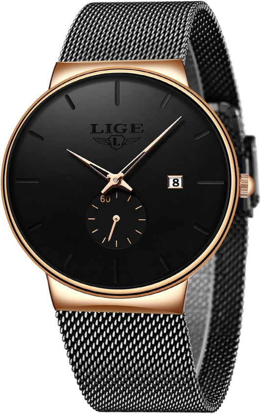 HOTLIGE Wrist Watches for Men Waterproof Dress Vintage Work Casual Stainless Steel 3ATM Water Resistant Japanese Quartz Movement Date Display Business Retro Minimalist Thin Mens Analog Watch