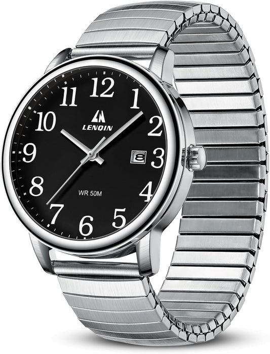 HOTLN LENQIN Mens Watches Stainless Steel Analog Quartz Watch for Men Easy Reader 38 mm Fashion Business Waterproof Men's Wrist Watches with Date and Expansion Band