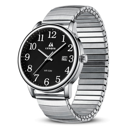 HOTLN LENQIN Mens Watches Stainless Steel Analog Quartz Watch for Men Easy Reader 38 mm Fashion Business Waterproof Men's Wrist Watches with Date and Expansion Band