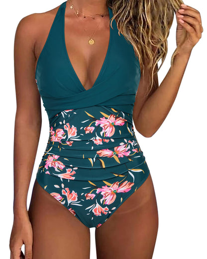 HOTSUUKSESS Women Sexy Tummy Control One Piece Swimsuits Halter Push Up Bathing Suits
