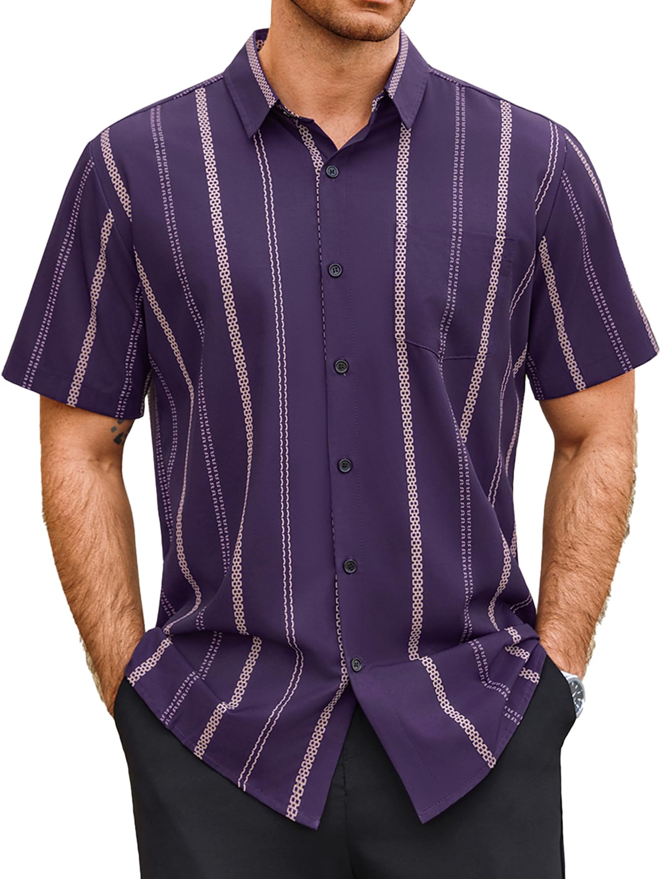 HOTHardaddy Men's Casual Striped Shirts Button Down Short Sleeve Blouse Summer Hawaiian Shirt