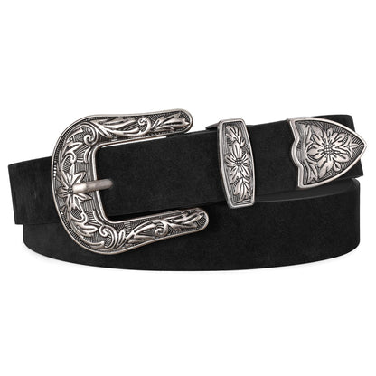 HOTJASGOOD Women Leather Belts Ladies Vintage Western Design Black Waist Belt for Pants Jeans Dresses
