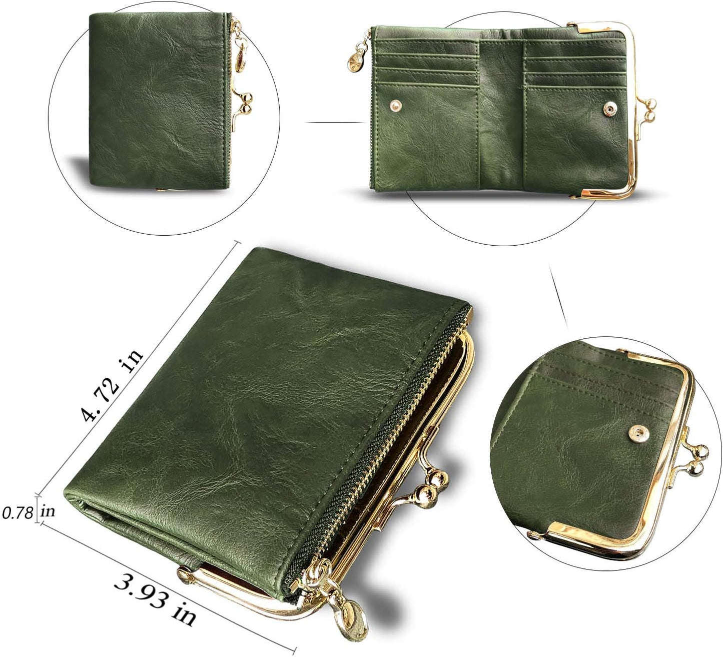 HOTAOXONEL Womens Wallet Small Rfid Ladies Compact Bifold Leather Vintage Coin Purse With Zipper and Kiss Lock