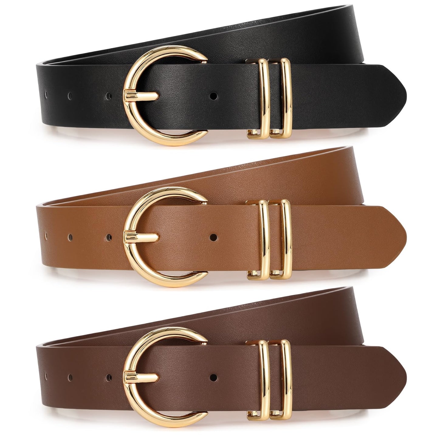 HOTXZQTIVE 3 Pack Women Belts For Jeans Dresses Pants Ladies Leather Waist Belt with Gold Buckle