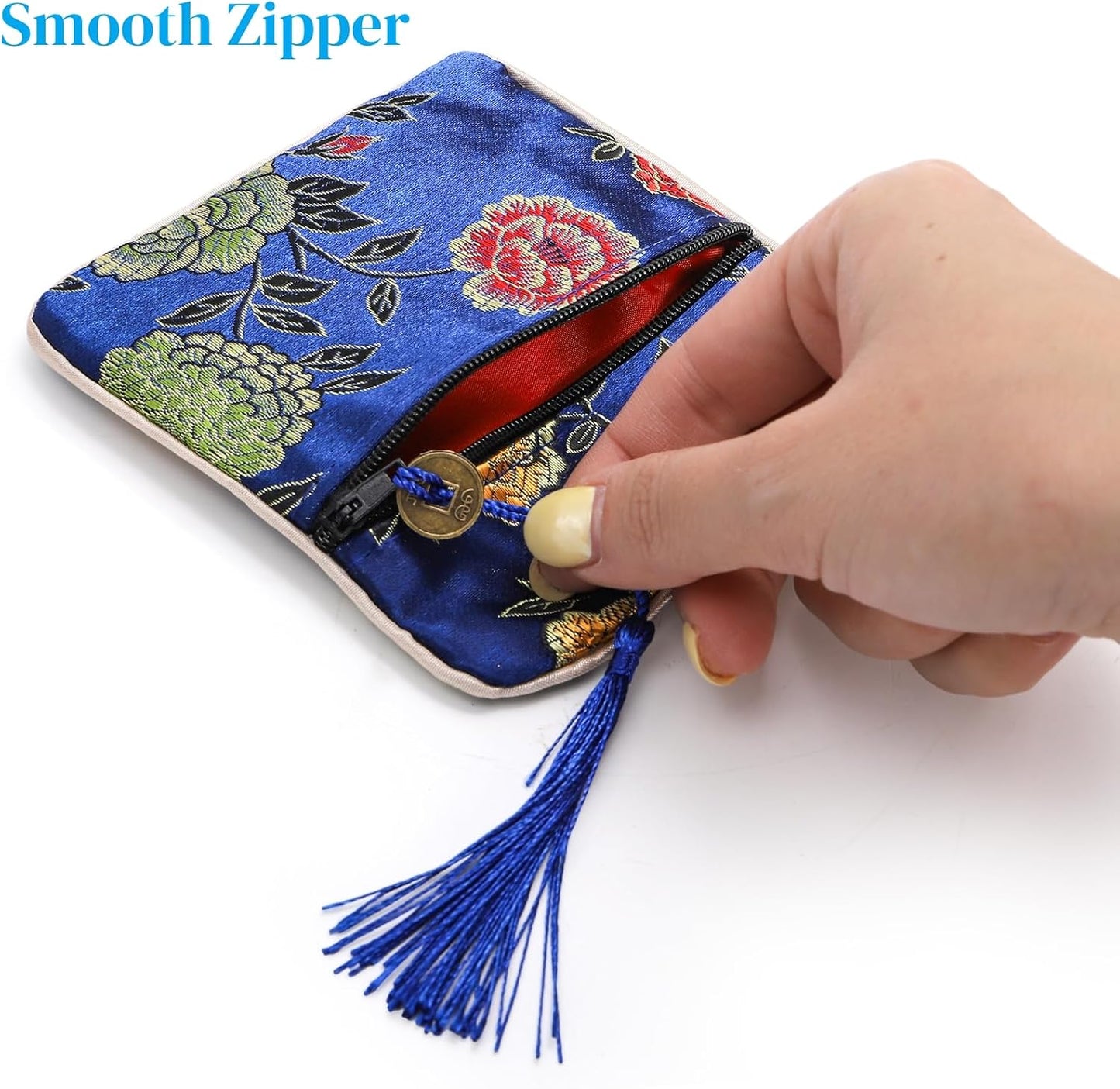HOTZOOFOX 30 Pieces Silk Jewelry Pouch, Brocade Embroidered Coin Purse with Zipper and Tassel, Small Gift Bags for Small for Jewelry Wedding Party Favor Chinese New Year Goodie Candy Bags