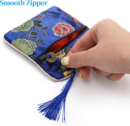 HOTZOOFOX 30 Pieces Silk Jewelry Pouch, Brocade Embroidered Coin Purse with Zipper and Tassel, Small Gift Bags for Small for Jewelry Wedding Party Favor Chinese New Year Goodie Candy Bags