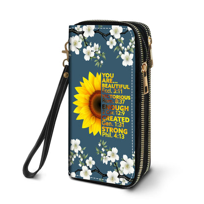 HOTWomen's Large Capacity Wallet PU Leather Double Zipper Clutch Purse Multifunctional Wallet with Removable Wristlet Strap for Smart Phone/Coin/Card/Cash, Floral Quotes Bible Verse Philippians 4-13