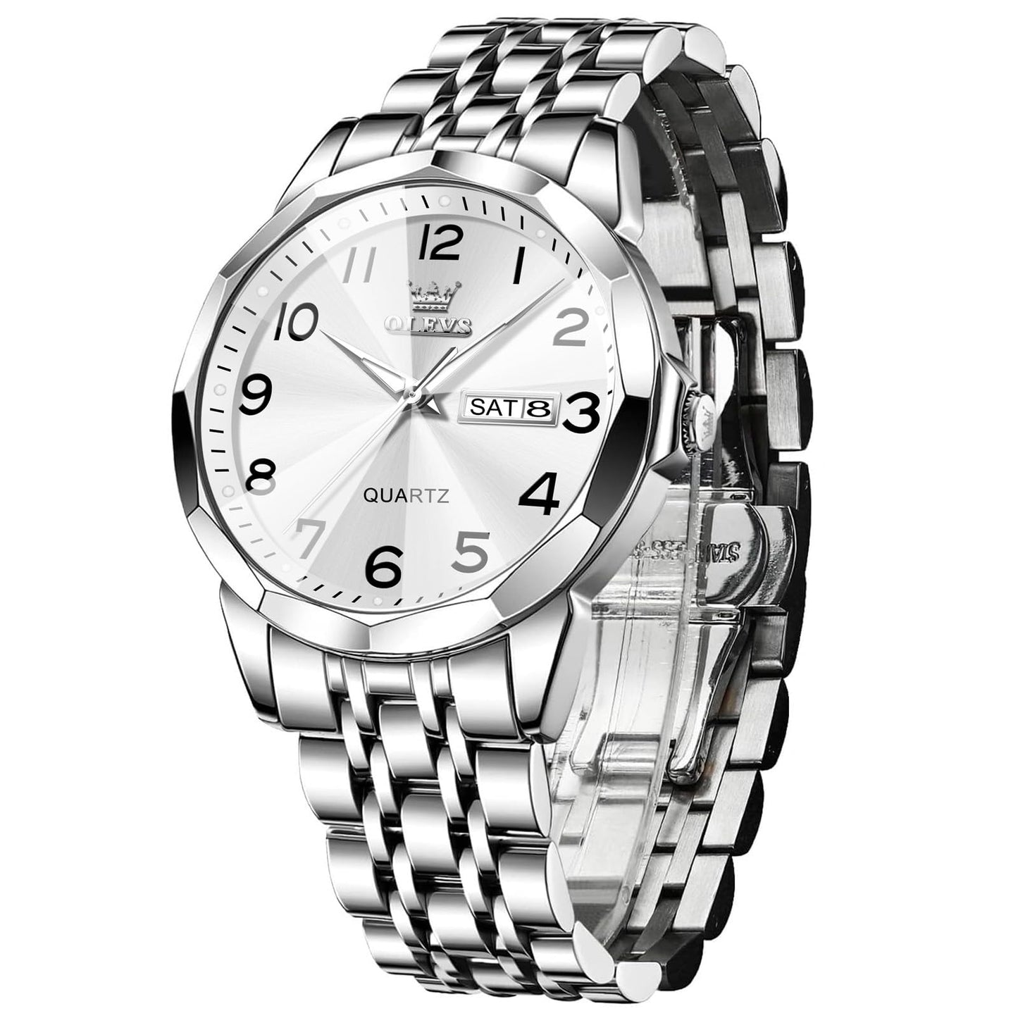HOTOLEVS Men's Casual Stainless Steel Watch, Big Face Easy to Read Analog Quartz Watch with Day and Date, Classic Waterproof Diamond Roman Arabic Numeral Dial Dress Watch for Men, Gold Silver Black Band