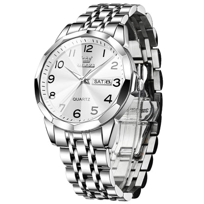 HOTOLEVS Men's Casual Stainless Steel Watch, Big Face Easy to Read Analog Quartz Watch with Day and Date, Classic Waterproof Diamond Roman Arabic Numeral Dial Dress Watch for Men, Gold Silver Black Band