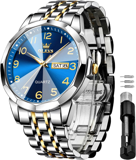 HOTOLEVS Watch for Men Luxury Dress Analog Quartz Stainless Steel Waterproof Luminous Date Diamond Business Two Tone Casual Wrist Watch