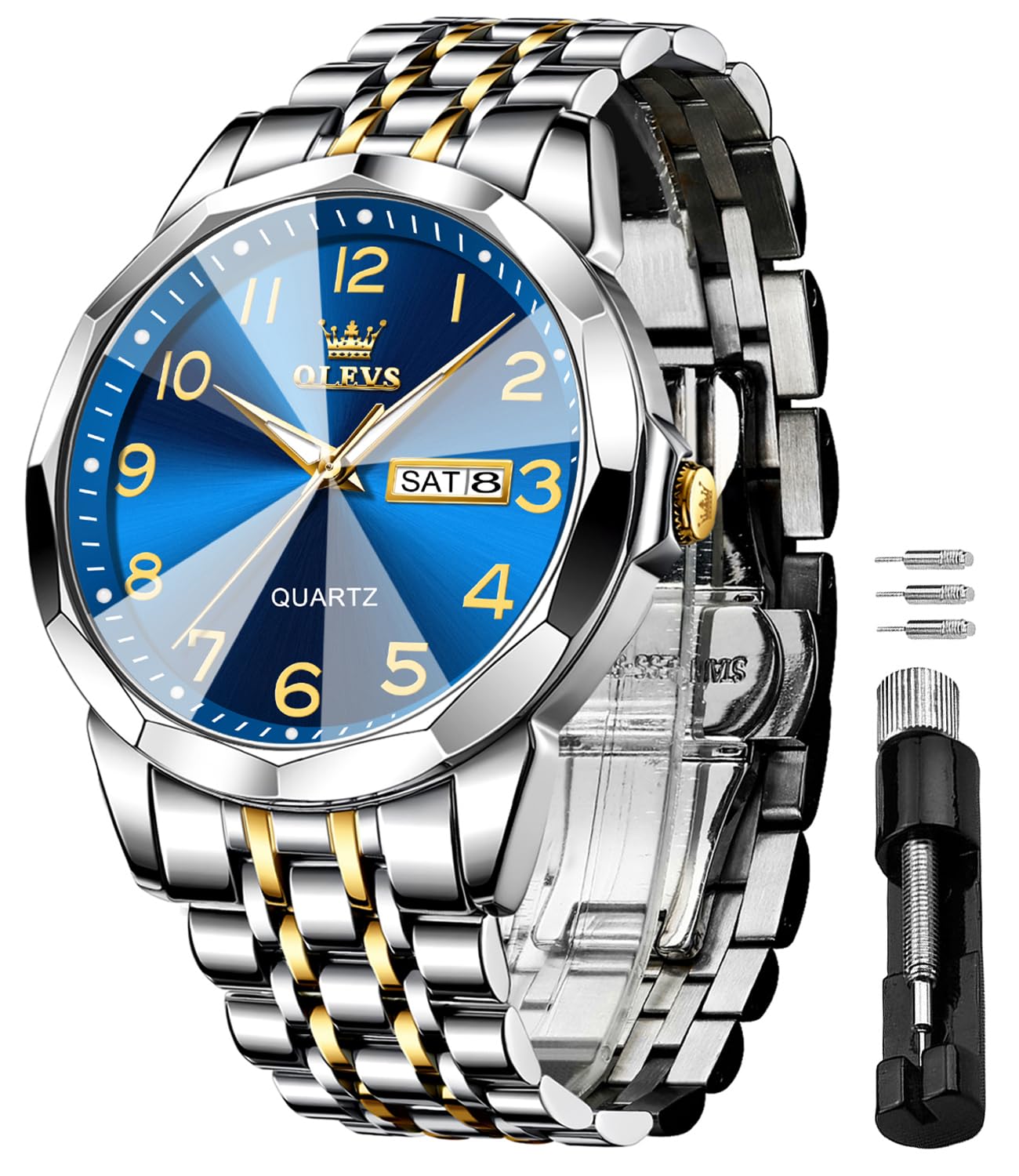 HOTOLEVS Watch for Men Luxury Dress Analog Quartz Stainless Steel Waterproof Luminous Date Diamond Business Two Tone Casual Wrist Watch