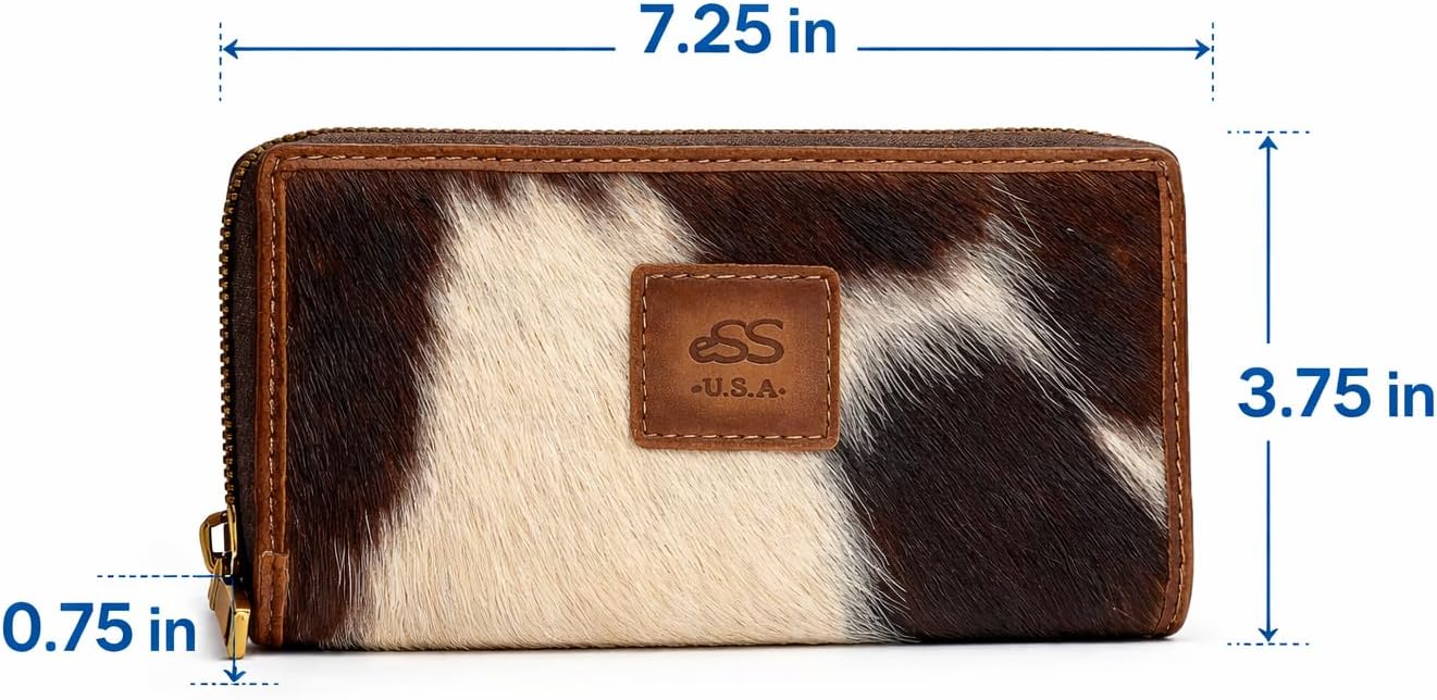 HOTESS Cowhide Leather Wallet for Women – RFID Blocking Clutch with Zipper | 8 Card Slots White & Black 7.25x3.75 in genuine hair-on Handmade Craftsmanship Gift-Ready Pouch Unique One-of-a-Kind Pattern