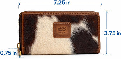 HOTESS Cowhide Leather Wallet for Women – RFID Blocking Clutch with Zipper | 8 Card Slots White & Black 7.25x3.75 in genuine hair-on Handmade Craftsmanship Gift-Ready Pouch Unique One-of-a-Kind Pattern