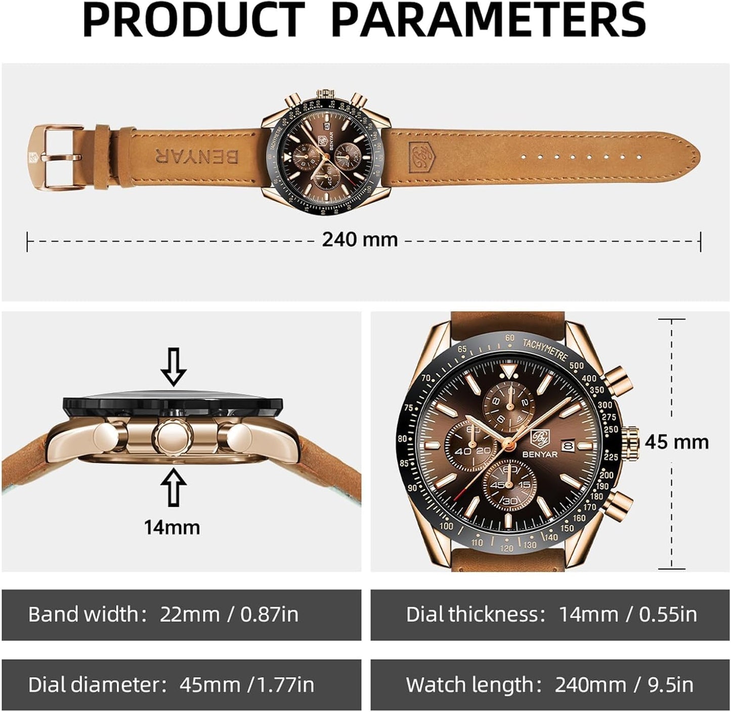 HOTBENYAR Mens Watches Quartz Analog Chronograph Waterproof Wrist Watches for Men Fashion Business Work Casual Sport Dress Watch with Calendar