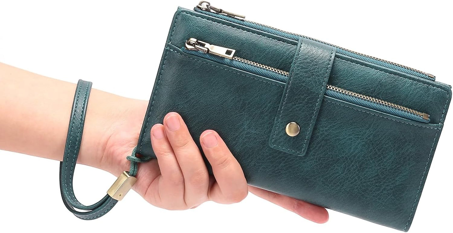 HOTGOIACII Wallet for Women RFID Blocking Card Holder Large Capacity Trifold Leather Wristlet Wallets Teal