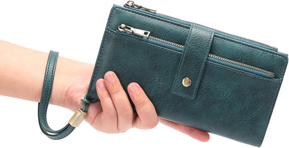 HOTGOIACII Wallet for Women RFID Blocking Card Holder Large Capacity Trifold Leather Wristlet Wallets Teal