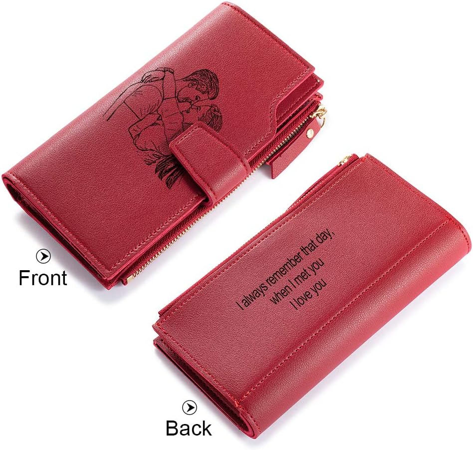HOTLovejewelry Personalized Wallets for Women Photo Engraved PU Leather Trifold Wallet Credit Card Clutch Long Wallet for Girlfriend Mom Mother’s Day (Red -2), Wa-100359