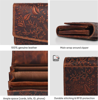 HOTVALENCHI Women's Leather Wallet - RFID Blocking Wallet - Ladies Clutch Hand Purse With Card Holder Slots (Cognac Vintage LW03)