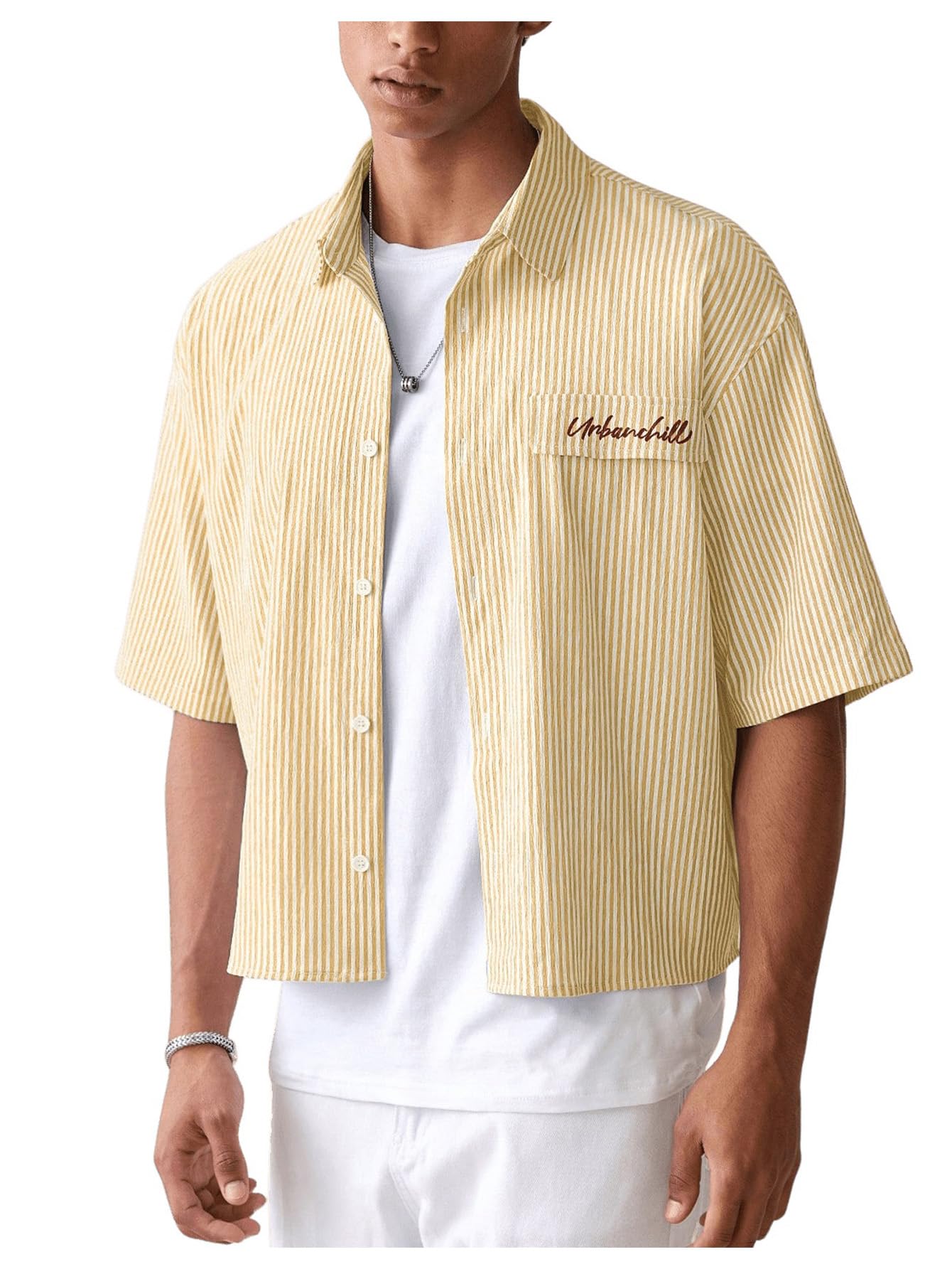 HOTGORGLITTER Men's Striped Button Down Up Cropped T Shirt Short Sleeve Letter Summer Vacation Shirts Boxy Tees Streetwear | Vintage Gingham Shirt, Drop Shoulder Crop Top, Y2K Streetwear, Summer Vacation Clothes