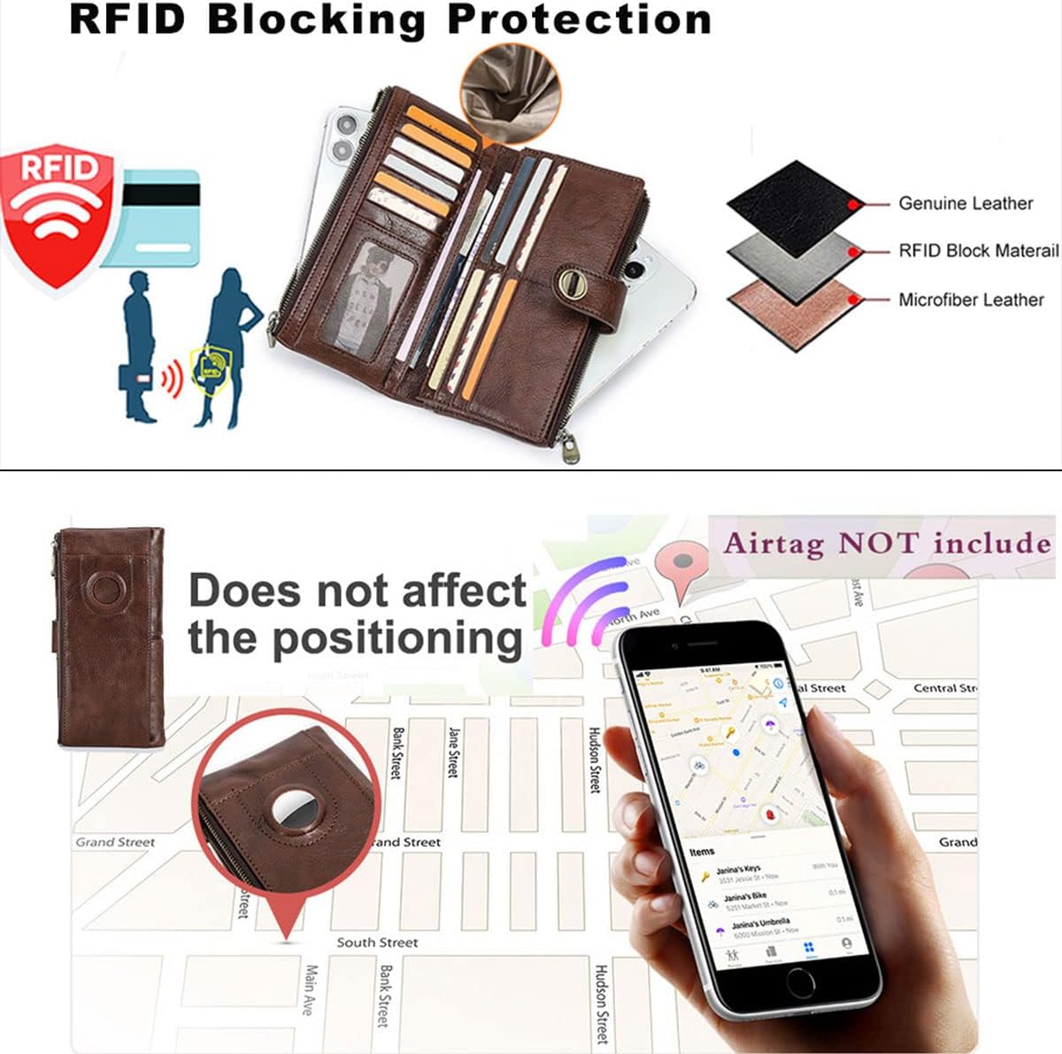 HOTCONTACTS Full Grain Leather Turnlock Wallet for Women Double Zipper Clutch Purse Compatible with AirTag Phone Organizer Rfid Wallet with 18 Card Slots (Brown)