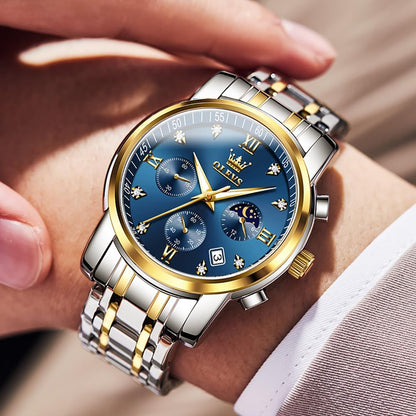 HOTOLEVS Watch for Men Diamond Business Dress Analog Quartz Stainless Steel Waterproof Luminous Date Two Tone Luxury Casual Wrist Watch Blue