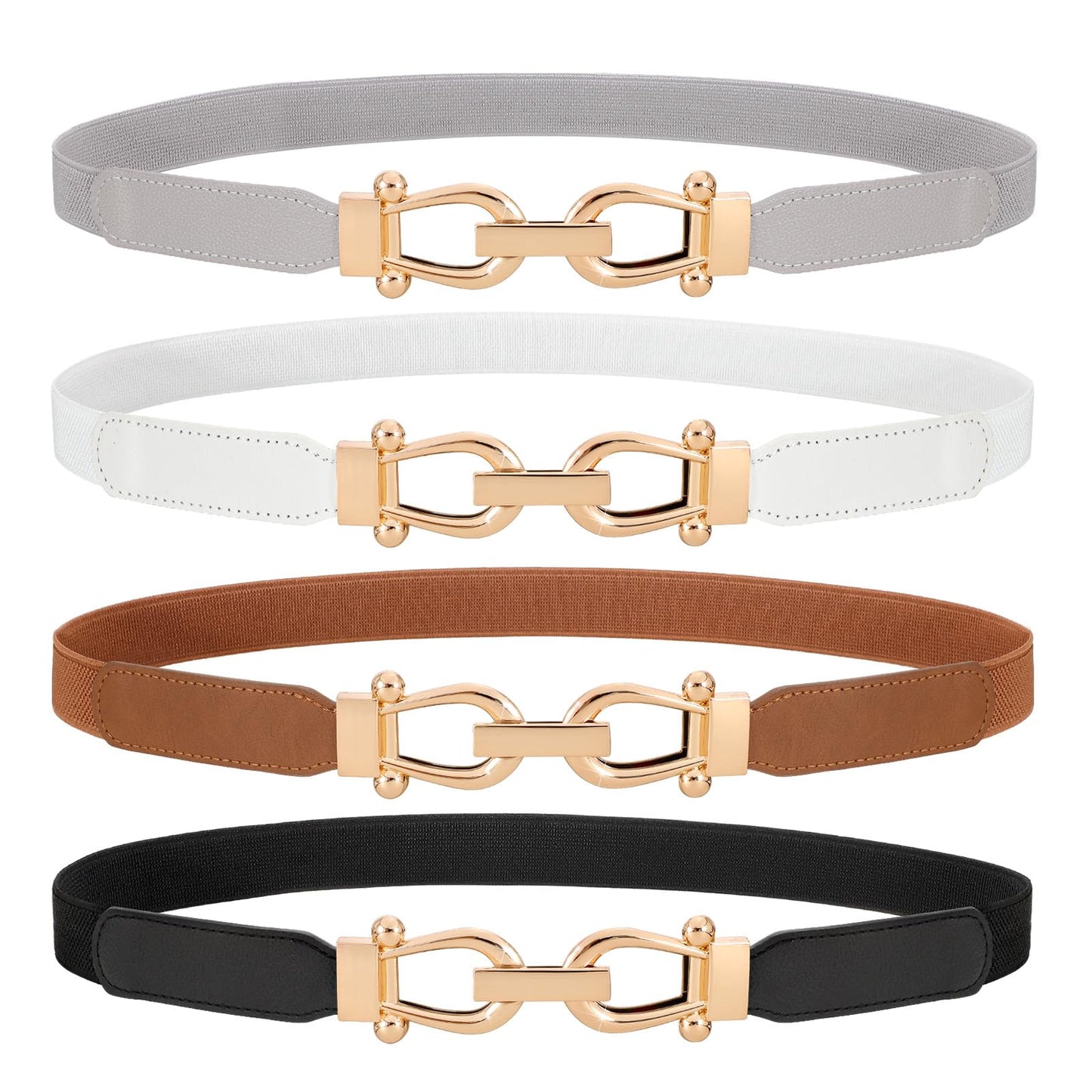 HOTWERFORU 4 Pack Women Skinny Elastic Waist Belt Gold Buckle Stretchy Thin Belt for Jeans Dress