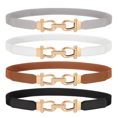 HOTWERFORU 4 Pack Women Skinny Elastic Waist Belt Gold Buckle Stretchy Thin Belt for Jeans Dress