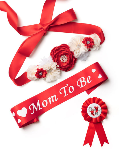 HOTBaby Shower Sash Decorations Mom to Be Corsage Gift Dad to Be Pin 3Pack Set Flower Belt for Maternity Dress - Gender Reveal Pregnancy Photo Props