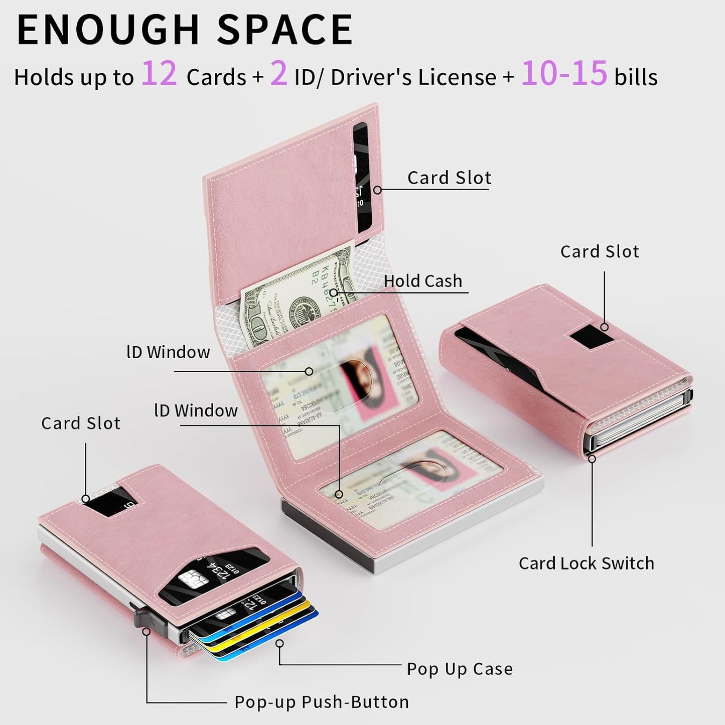 HOTRFID Wallet Women: Stylish Security Metal Wallet for 10-12 Cards & 2 ID Windows - Smart Pop-Up Credit Card Holder & Cash Slot in Compact Trifold Design,Gift for Her(Pink)