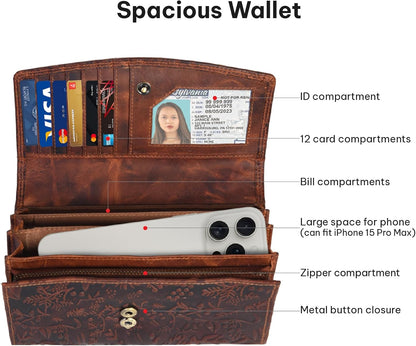 HOTVALENCHI Women's Leather Wallet - RFID Blocking Wallet - Ladies Clutch Hand Purse With Card Holder Slots (Cognac Vintage LW03)