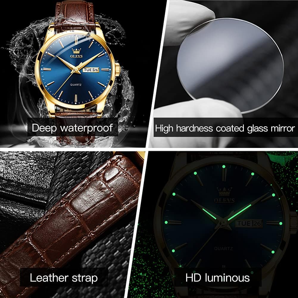 HOTOLEVS Mens Watch Brown Leather Band Dress Watch for Men Quartz Waterproof Men's Wrist Watch 38MM Gold Case Easy to Read Day Date Business Casual Men Watches Gifts for Him Relojes para Hombres