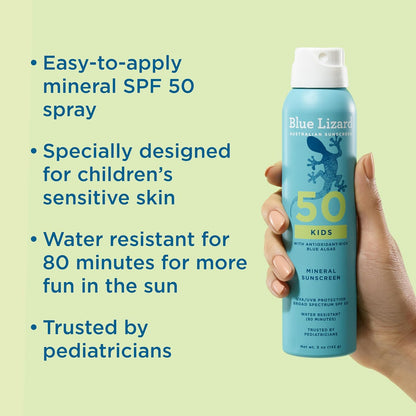 HOTBlue Lizard Kids Mineral Sunscreen Spray SPF 50+, Brand, Broad-Spectrum UVA/UVB Protection, Water-Resistant, Zinc Oxide Formula, 5 fl oz