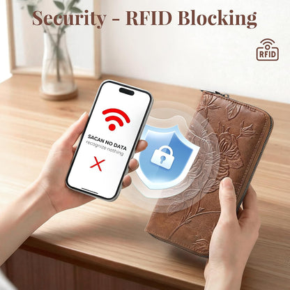 HOTWristlet Wallet for Women - Large Capacity RFID Leather Clutch | Premium vegan leather, rose embossed with a pen slot. Fits phones up to 6.9". 15 card slots & RFID. Ideal for travel & daily.