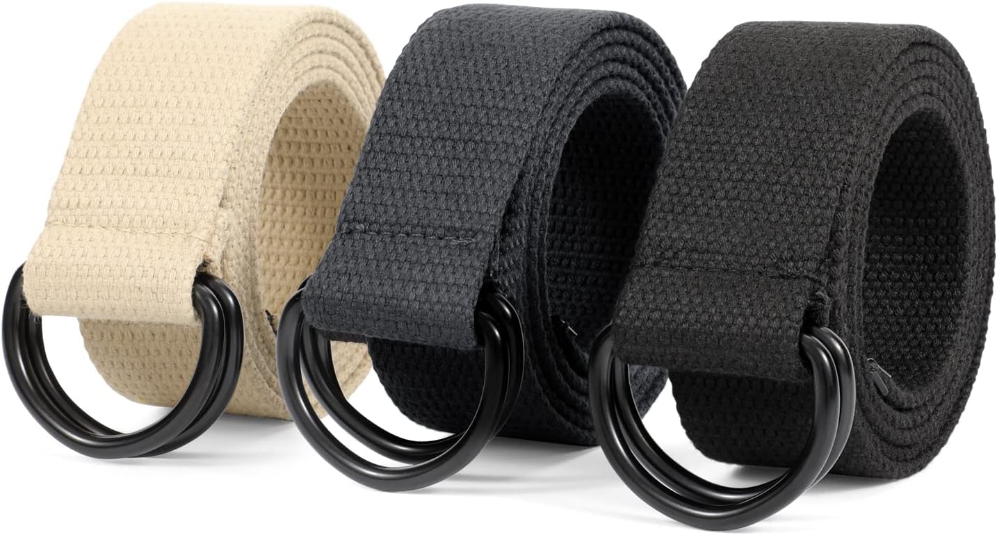 HOTJASGOOD Men Canvas Belt Web Fabric Casual Belt with Black Double D-ring 1 1/2" Wide Set of 2