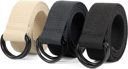 HOTJASGOOD Men Canvas Belt Web Fabric Casual Belt with Black Double D-ring 1 1/2" Wide Set of 2