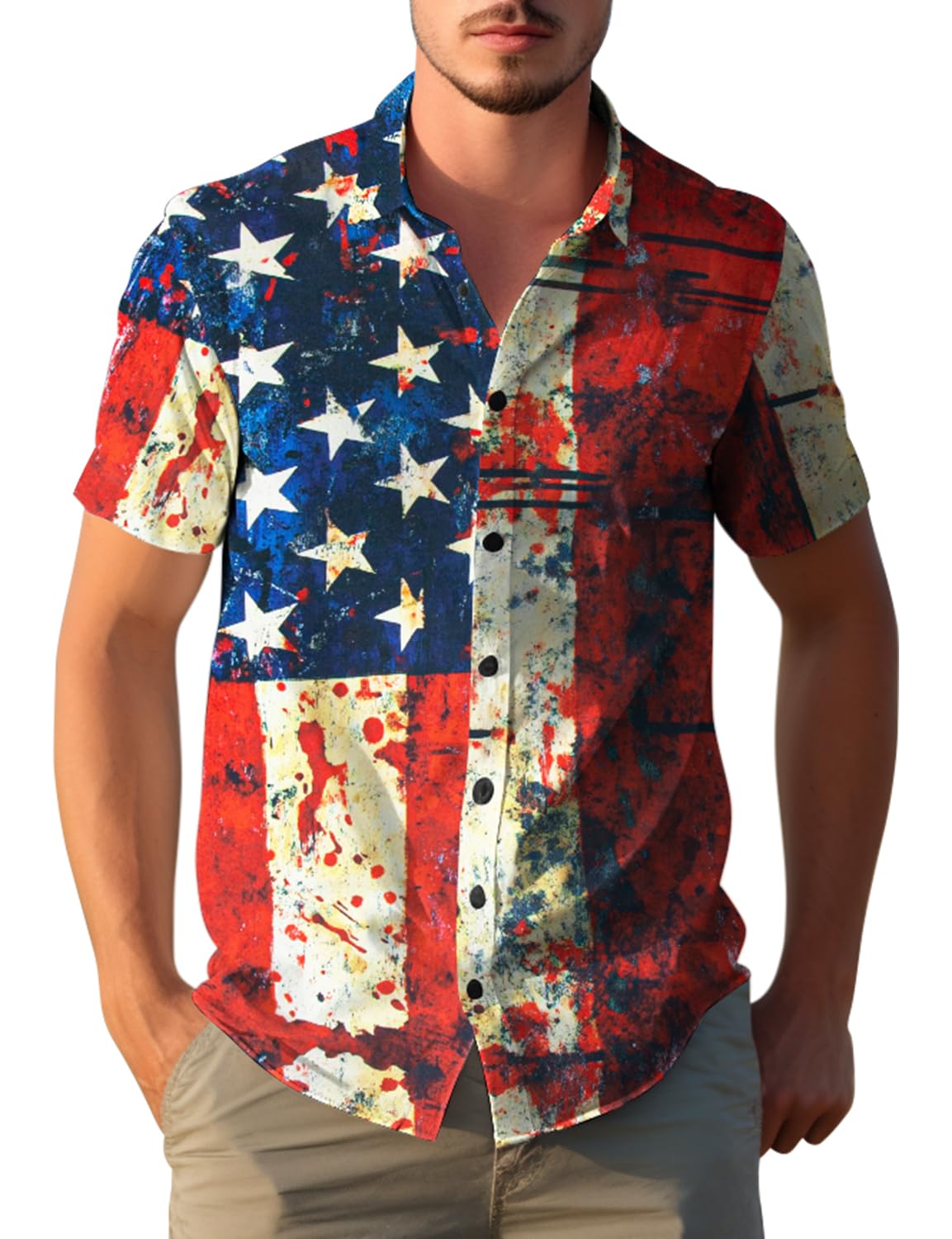 HOTYoimira 4th of July Shirts for Men,Patriotic Grunge Concept USA Flag Button-Down Casual Short Sleeve Hawaiian Shirts for Men