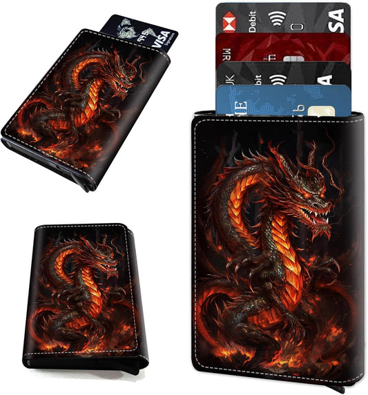 HOTAluminum Auto Pop Up Wallet Case Credit Card Holder For Women Men Girl, Leather Card Case Front Pocket Trifold Wallet with RFID Blocking Banknote Slot Slim Wallet Women, The Mighty Fire Dragon