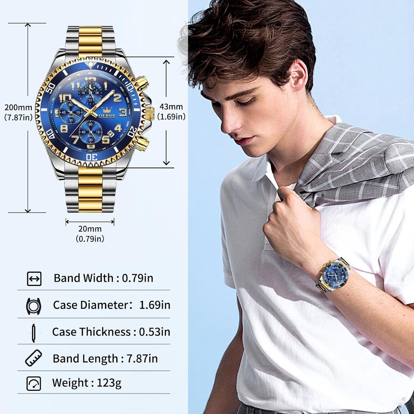 HOTOLEVS Watches for Men Stainless Steel Dress Men Watch with Date Big Face Chronograph Waterproof Luxury Fashion Watch Blue/Black/Gold/Green/Silver Face Relojes para Hombres