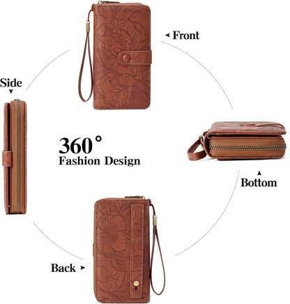 HOTSENDEFN Women's Credit Card Holder RFID Blocking Zip Around Leather Wallet Large Capacity Long Purse with Wristlet
