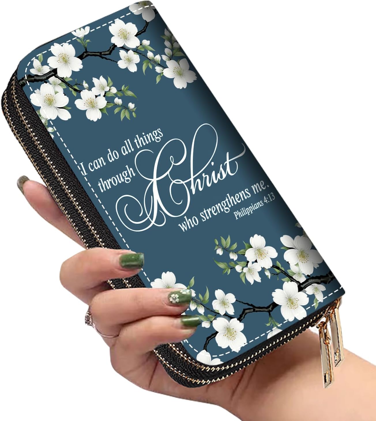 HOTWomen's Large Capacity Wallet PU Leather Double Zipper Clutch Purse Multifunctional Wallet with Removable Wristlet Strap for Smart Phone/Coin/Card/Cash, Floral Quotes Bible Verse Philippians 4-13