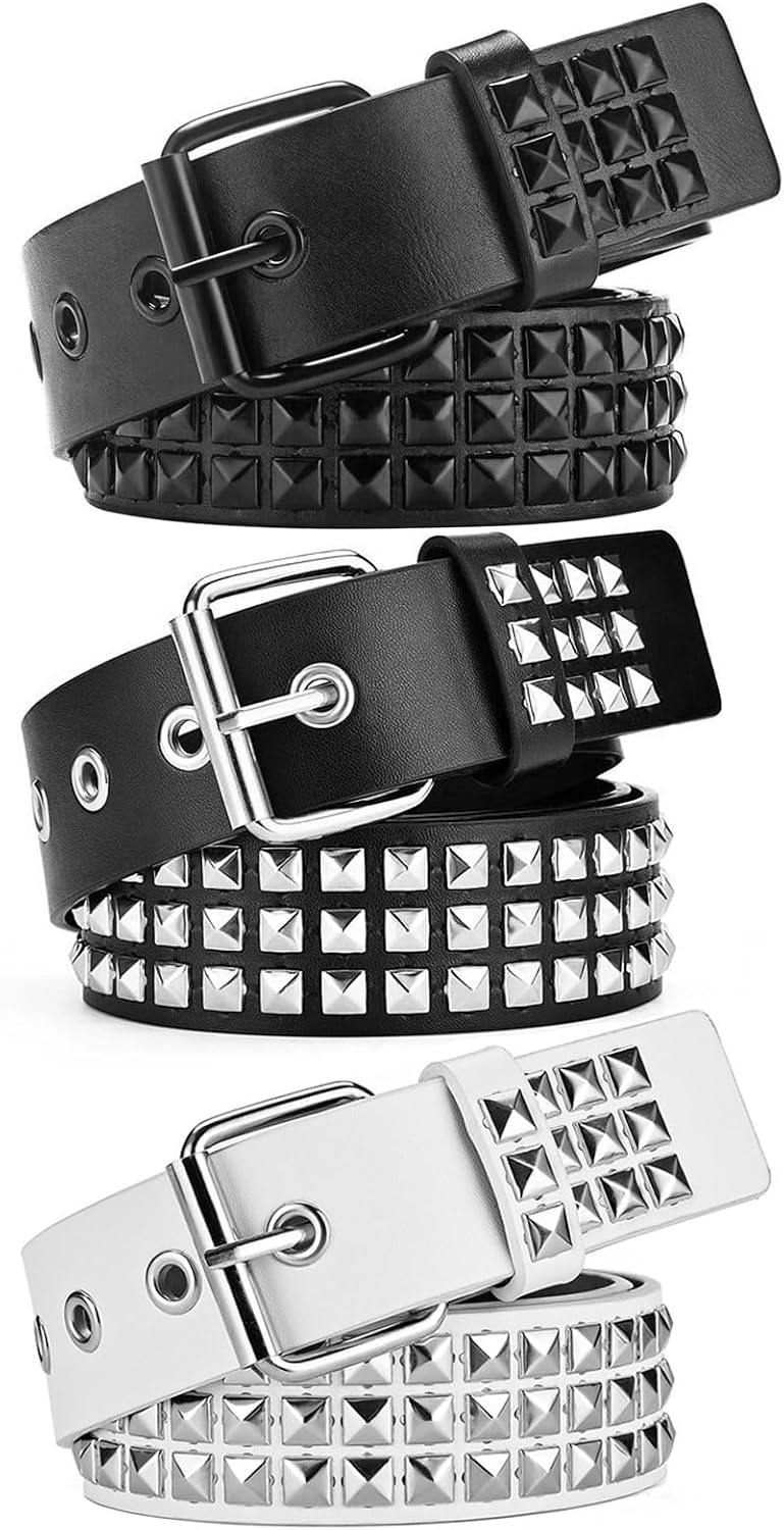 HOT3 Pcs White Black Studded Belt, Y2K Belt Goth Emo Punk Rock with Grommet Bright Metal Pyramid for Women Men