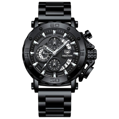 HOTNEKTOM Watches for Men with Stainless Steel, Quartz Analog Watch with Date, Luxury Minimalist Dress Mens Watches, Chronograph Watch, 3ATM Waterproof, Black Wristwatch, Gifts for Men